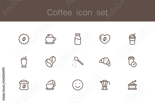 Set of cafe related icons - coffee, beans, americano and take away drink. Black icons isolated on white background. Coffee time, collection of signs. Line style.