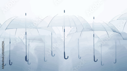 The image depicts a row of transparent umbrellas arranged closely together against a background of a light blue/gray fog or mist.  The umbrellas are mostly translucent, allowing the hazy background