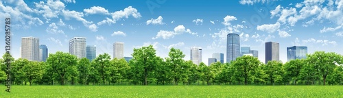 Cityscape with parkland, serene view, ideal for relaxing background, stock photo