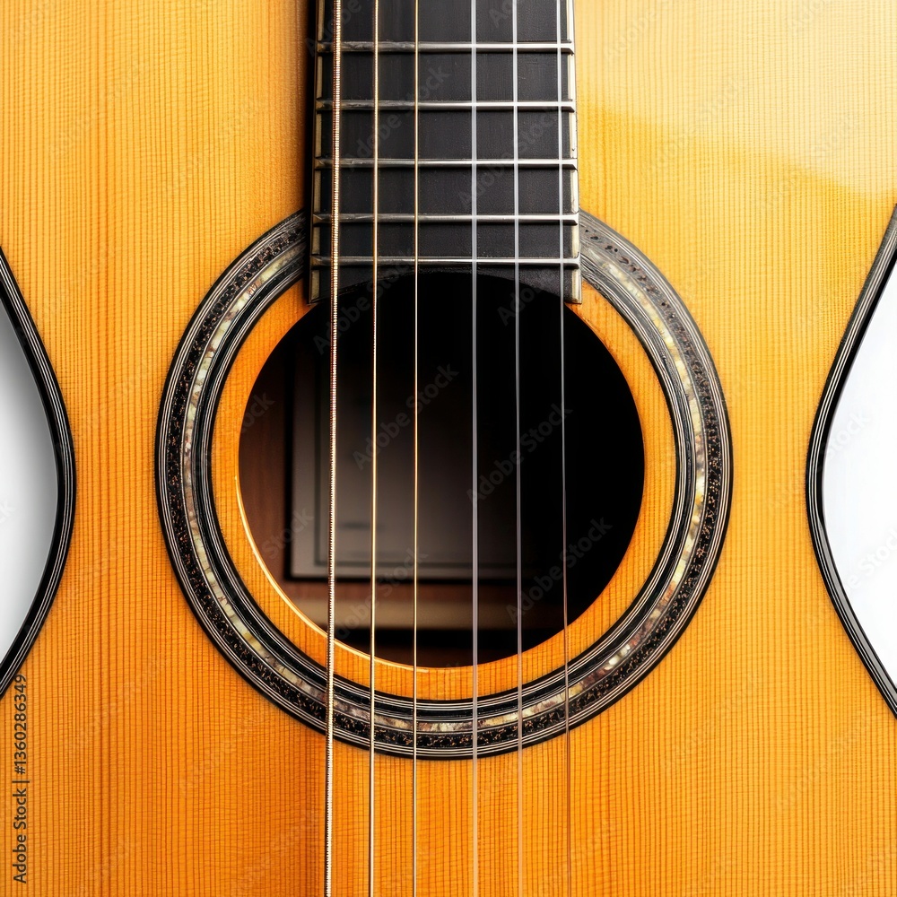 Close-up of a classical guitar showcasing its intricate sound hole and beautiful wood grain. Close-up of a classical guitar showcasing its intricate sound hole and beautiful wood grain.