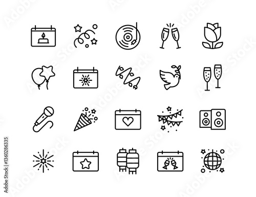 Event Planning Vector Icon Set | Adjustable Line Weight | Celebration, party, calendar, confetti, balloons, music, champagne, decoration, microphone, festival, event organizer, special occasion icons