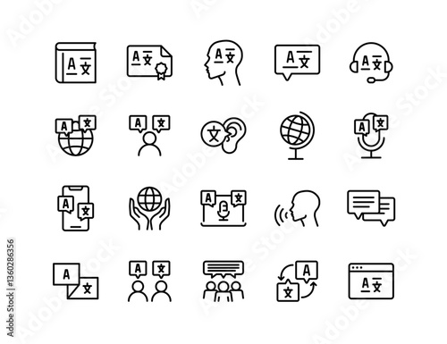 Language Vector Icon Set | Adjustable Line Weight | Interpreter, multilingual, dictionary, speech, communication, global, voice translator, learning, international, conversation, localization icons