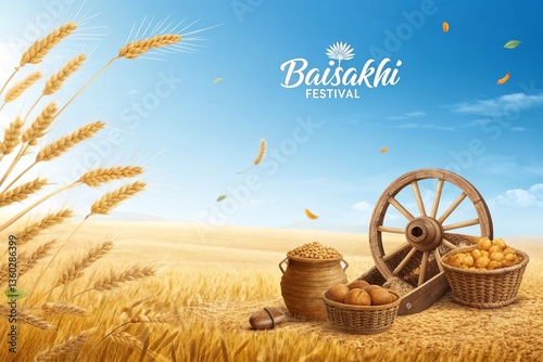 Vaisakhi, Artistic depiction of Punjabi harvest festival with traditional food and nature.