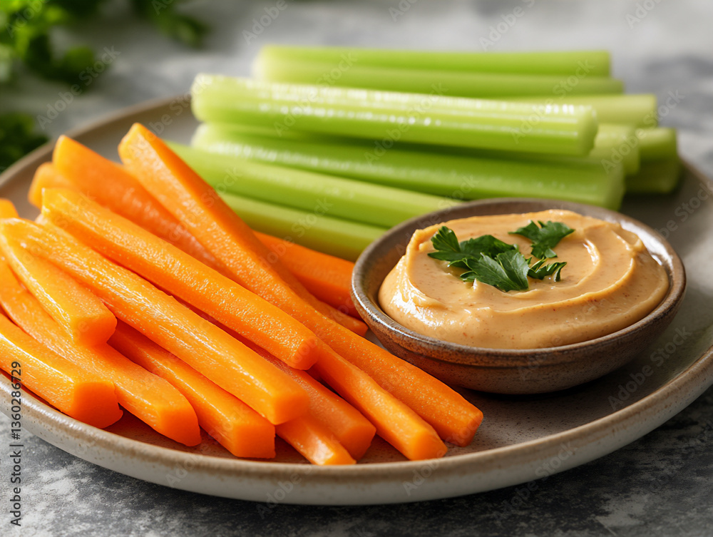 a plate with sliced carrots and smooth, beige peanut butter, next to greenish-yellow, striped steamed celery sticks, on the table of an american school, a plate with sliced carrots and smooth, beige peanut butter, next to greenish-yellow, striped steamed celery sticks, on the table of an american school,
