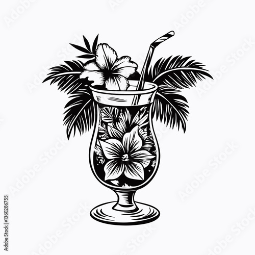 Black and White Tiki Cocktail.
Monochrome exotic cocktail in vintage tiki glass with tropical decor; fits bar signage, tattoo flash sheets, or retro surf branding.