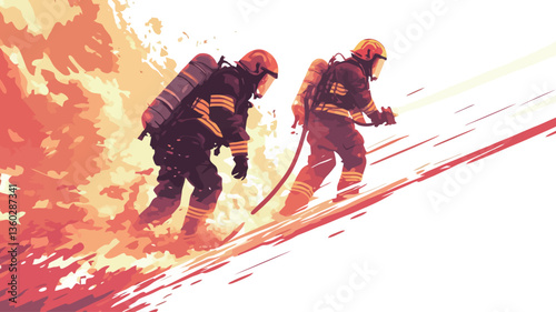 A stylized vector illustration depicting two firefighters in full protective gear walking uphill amidst a large, intense fire. The style is graphic and bold, with a color palette dominated by