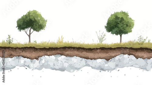 A watercolor illustration depicting a cross-section of a grassland. The image shows two small deciduous trees on a grassy area, with the soil and a layer of subsoil visibly exposed beneath. The