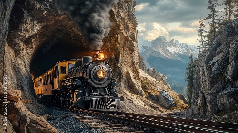 Naklejka premium Steam train exiting mountain tunnel, scenic backdrop, adventure travel