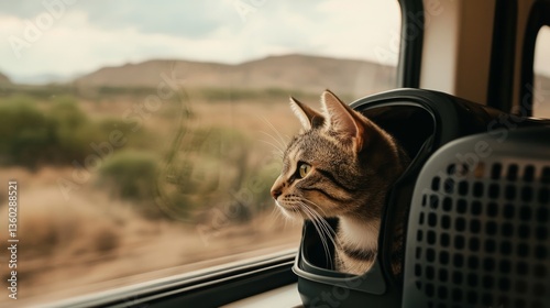 Curious cat in carrier contemplating scenic train journey through countryside