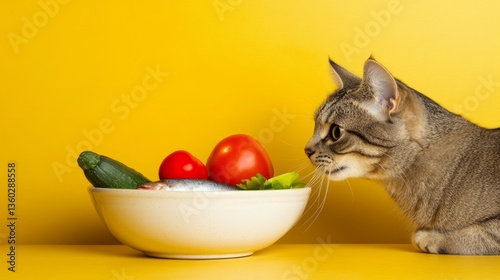 Curious cat observing bowl of vegetables and fish on yellow background