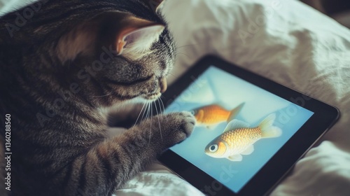 Curious cat interacting with virtual fish on tablet screen