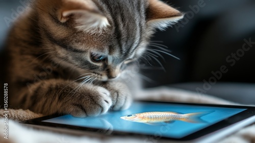 Curious kitten watching fish on tablet screen with intense focus