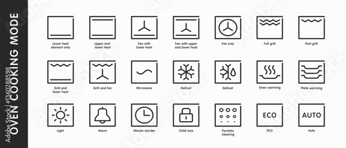Oven cooking mode black line icon set including top, bottom heating, convection, grill, defrosting and more. Oven mode settings symbols. Vector illustration