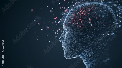 Futuristic digital human head with glowing particles on dark background