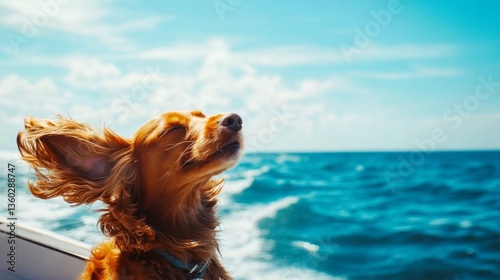 Golden dog enjoying ocean breeze on sunny day