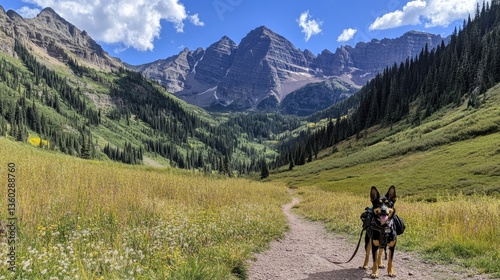 German shepherd hiking in scenic mountain landscape on sunny day
