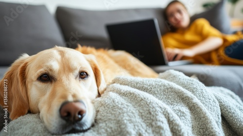 Golden retriever relaxing on couch with caucasian female in background using laptop