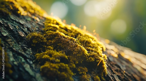 Sunlit moss on forest tree trunk in serene woodland setting