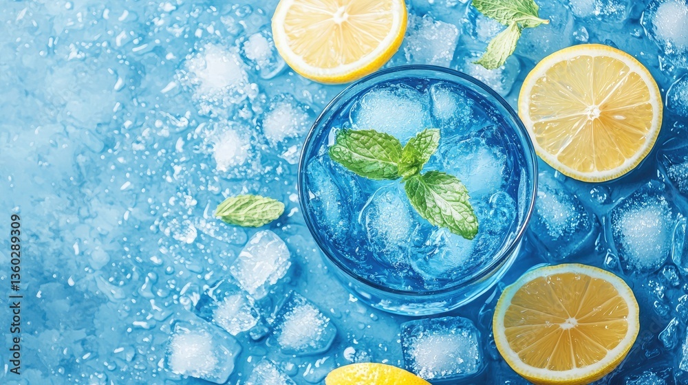 A refreshing blue cocktail with crushed ice, fresh lemon slices, and mint leaves on a textured blue background. A refreshing blue cocktail with crushed ice, fresh lemon slices, and mint leaves on a textured blue background.