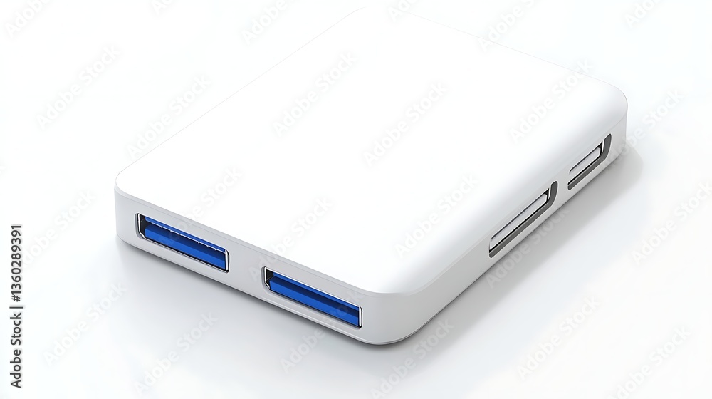 White USB Hub, Modern Design, Technology Accessory White USB Hub, Modern Design, Technology Accessory