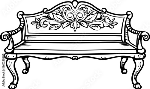 Ornate wooden bench illustration with floral carving, vintage craftsmanship design