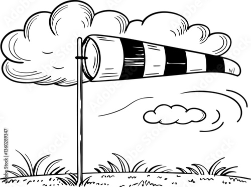 Windy day wind sock fluttering under cloudy skies illustrative scene