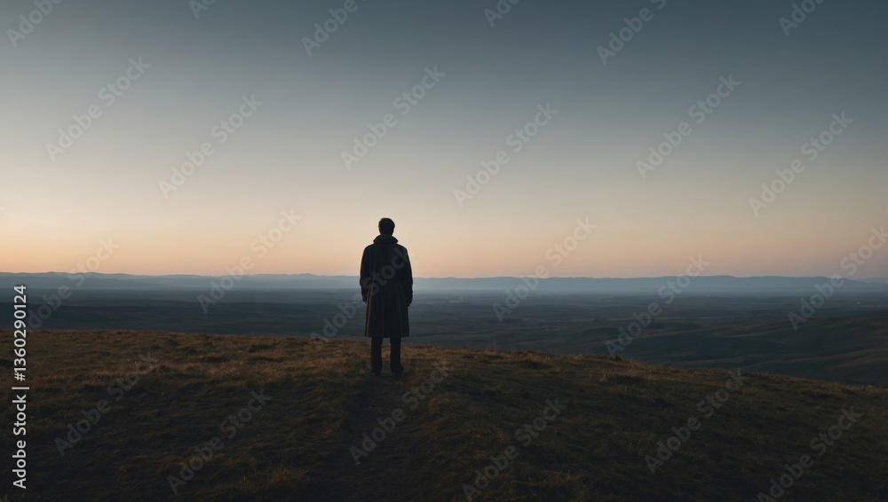 Fototapeta premium Silhouette of a Figure Overlooking a Vast Landscape at Dusk