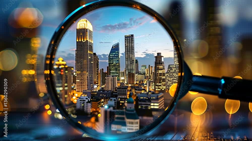 Stadt durch Lupe im goldenen Licht betrachtet