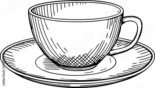 hand drawn teacup and saucer illustration, elegant black and white line art