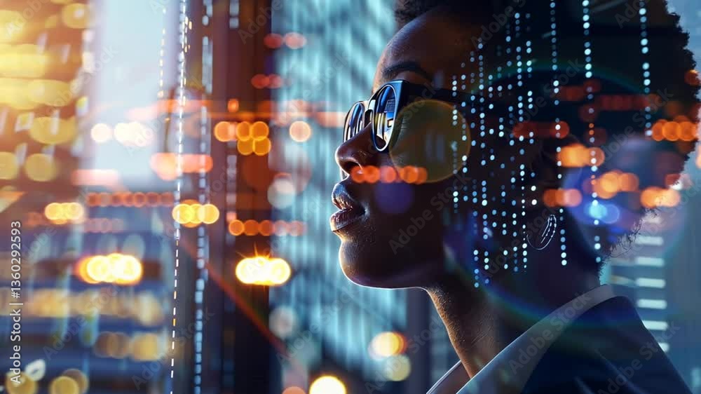 Frau im digitalen Raum mit Zahlenprojektion