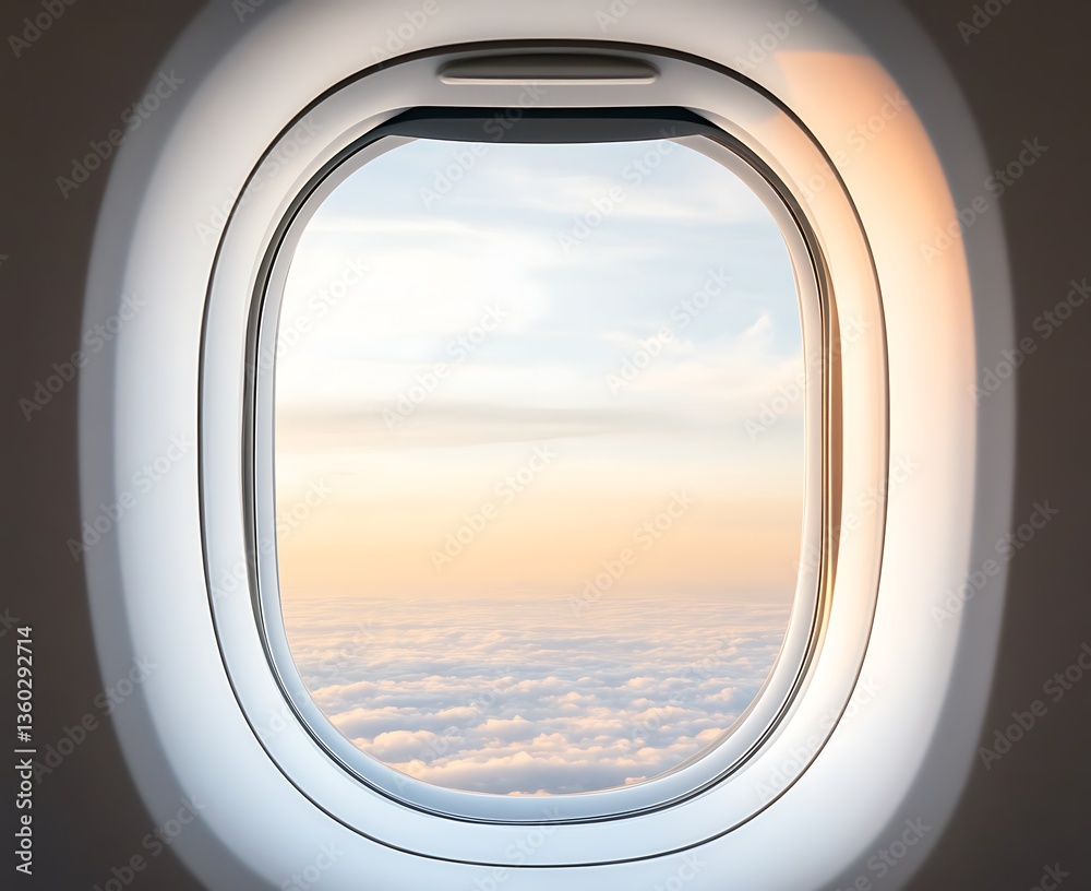 Airplane Window View Serene Sunset Cloudscape Airplane Window View Serene Sunset Cloudscape