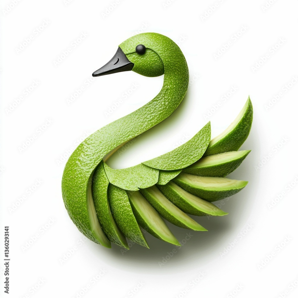 Fototapeta premium A beautiful swan sculpture crafted from fresh avocado slices sits gracefully on white.