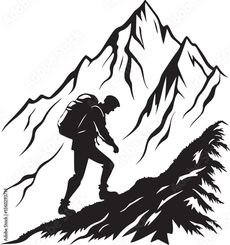 Silhouette of a person climbing a mountain Silhouette Vector Minimalistic Design on White Background.