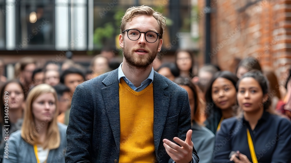 A bearded man in glasses and a sweater stands among a crowd on a city street A bearded man in glasses and a sweater stands among a crowd on a city street