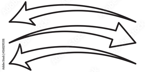 Long curved arrow outline in black stroke. Long arrow. Long curved arrow