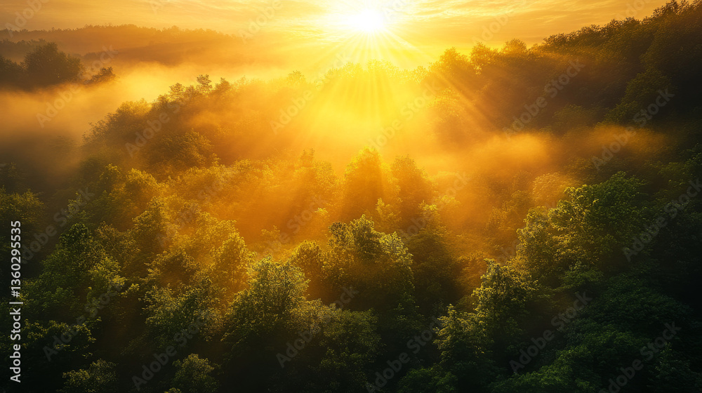Naklejka premium A mesmerizing sunrise casting golden light over a lush green forest