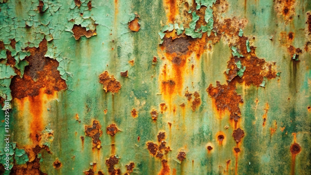 Rustic Green and Orange Metal Surface with Peeling Paint and Extensive Rust Rustic Green and Orange Metal Surface with Peeling Paint and Extensive Rust