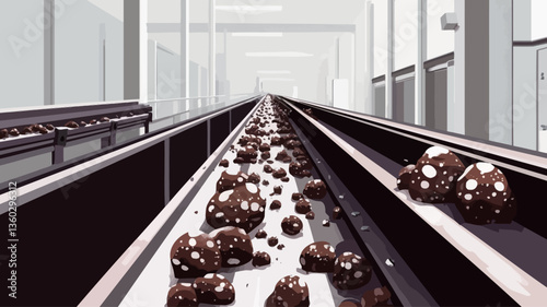 The image shows a long perspective view of two parallel conveyor belts in an industrial setting.  The belts are dark metallic color, and carry numerous irregularly shaped dark brown objects, some