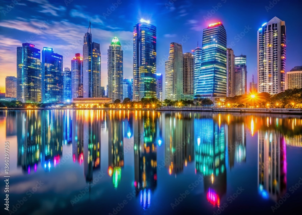 Fototapeta premium Night Skyline: Illuminated Skyscrapers Reflecting in Serene River