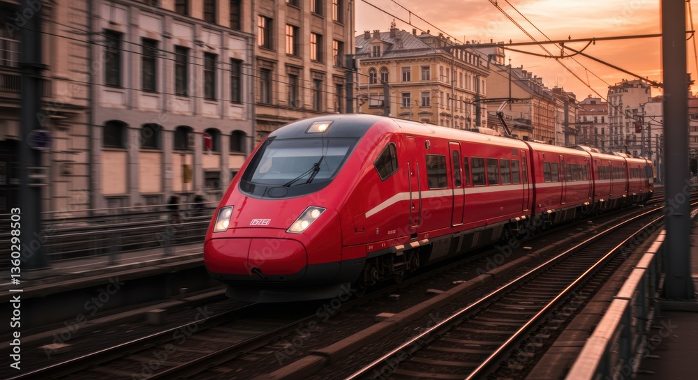 Fototapeta premium Modern red train speeding through urban cityscape at sunset