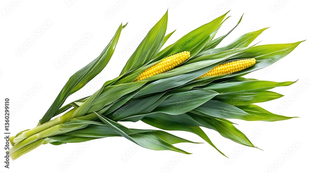 Obraz premium Fresh Corn on the Cob with Green Husks, Fresh corn on the cob with green husks isolated on a white background