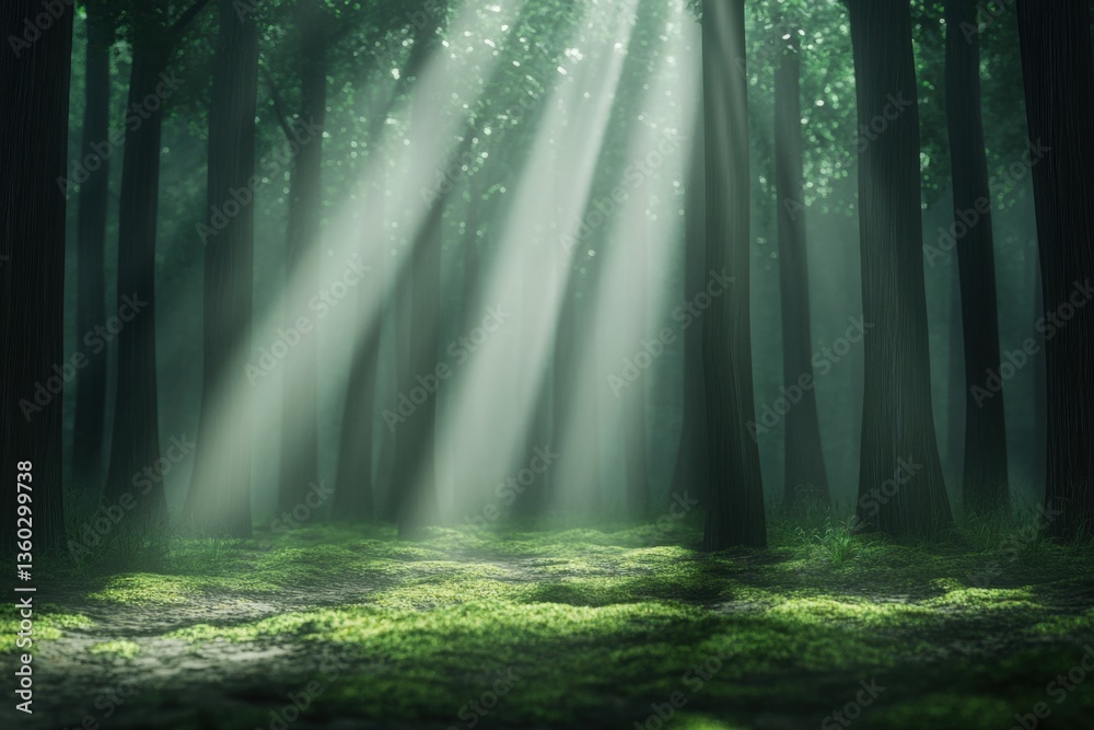 Obraz premium A forest path covered with soft moss, the sun's rays break through the treetops. Light fog creates a mystical atmosphere. Silence, harmony with nature. 