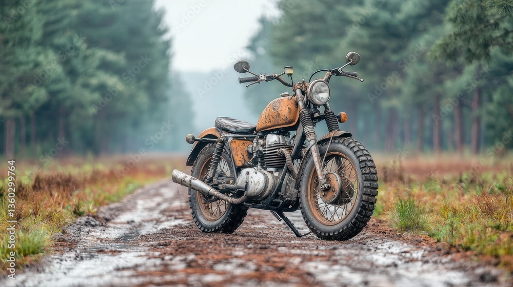 Obraz premium Rusty motorcycle on muddy path, forest background