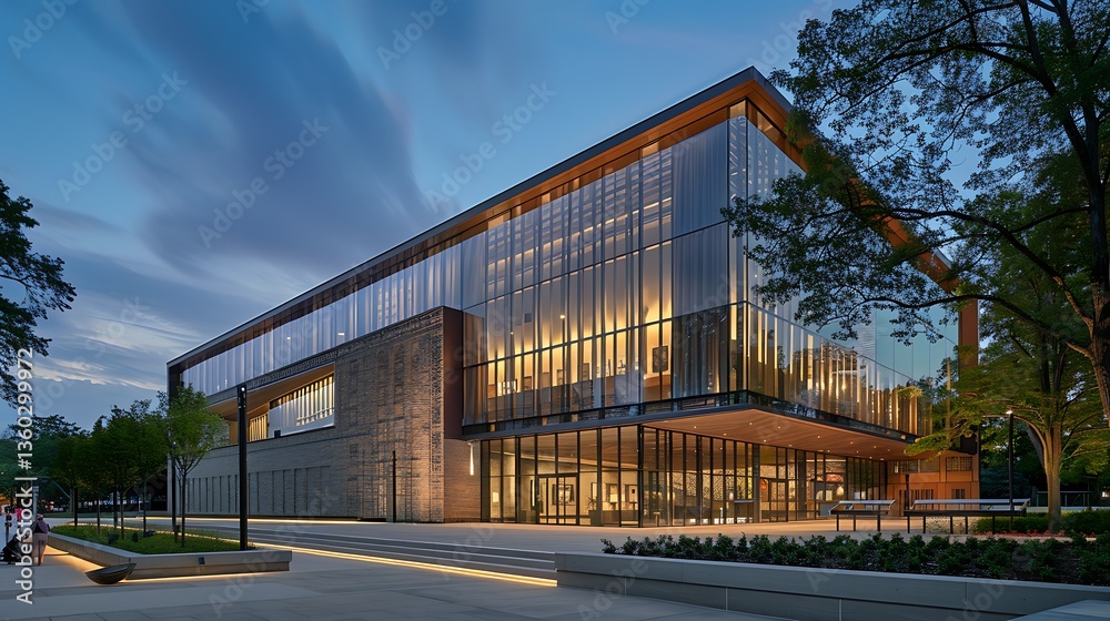 Obraz premium A modern art museum with a smooth glass facade, complemented by decorative brickwork and wooden elements that add warmth and texture