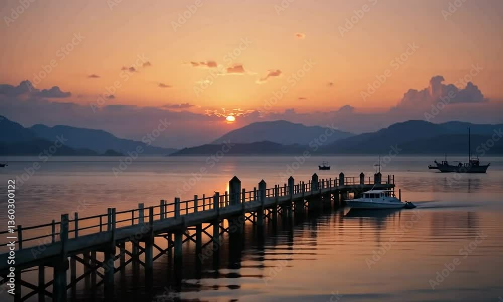 Sunset Over Lake and Old Wooden Pier, Boats Beside Pier. 4k Sunset Over Lake and Old Wooden Pier, Boats Beside Pier. 4k