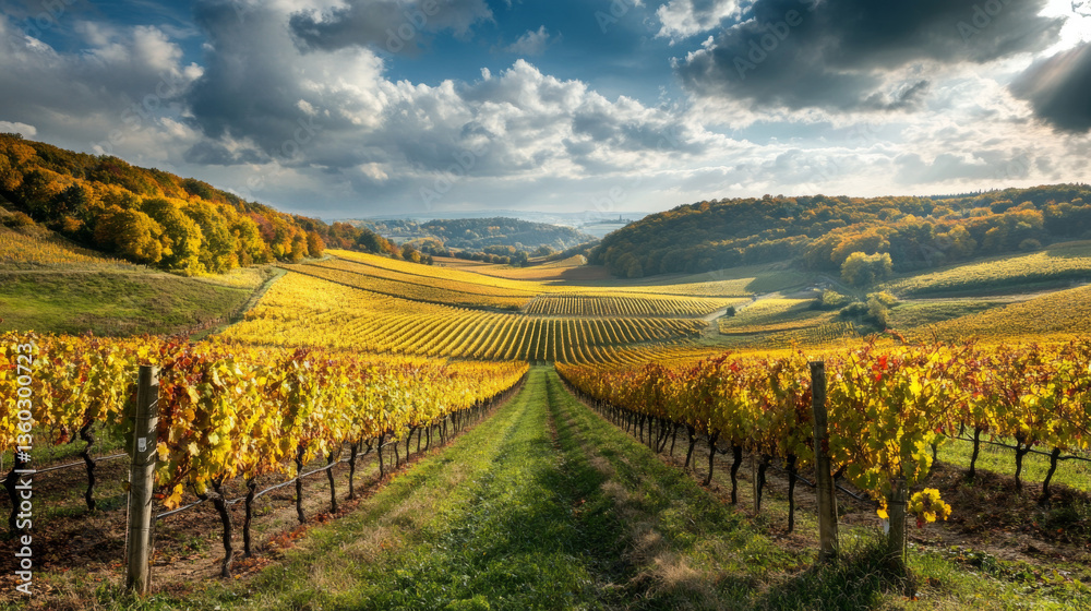Naklejka premium A picturesque vineyard landscape in Burgundy, France, during the autumn harvest season, showcasing golden vines and the beauty of Saint Romain