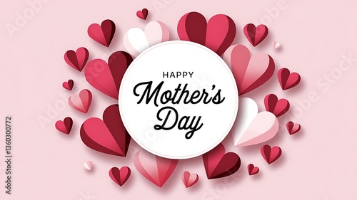 Mother’s Day design featuring 3D red, pink, and white hearts surrounding a stylish greeting text on a pastel pink background, ideal for greeting cards, posters, social media, and gift promotions photo