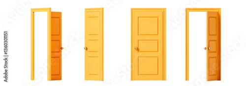 Closed, slightly open yellow door from different sides. Isolation. On a white background. 3d rendering.