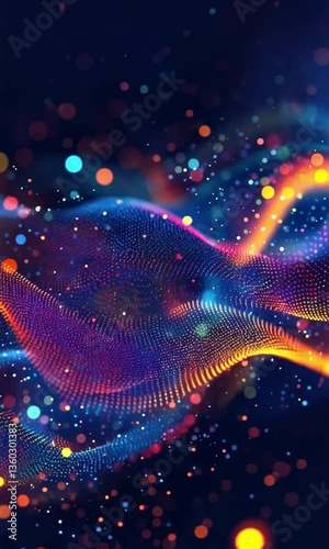 Abstract video colored waves of light. A mesmerizing and vibrant digital video showing colorful waves of light flowing across a dark, starry background. The smooth, flowing curves of the light waves 
