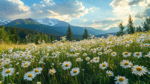 A scenic mountain meadow filled with blooming spring camomile flowers, capturing the beauty of nature